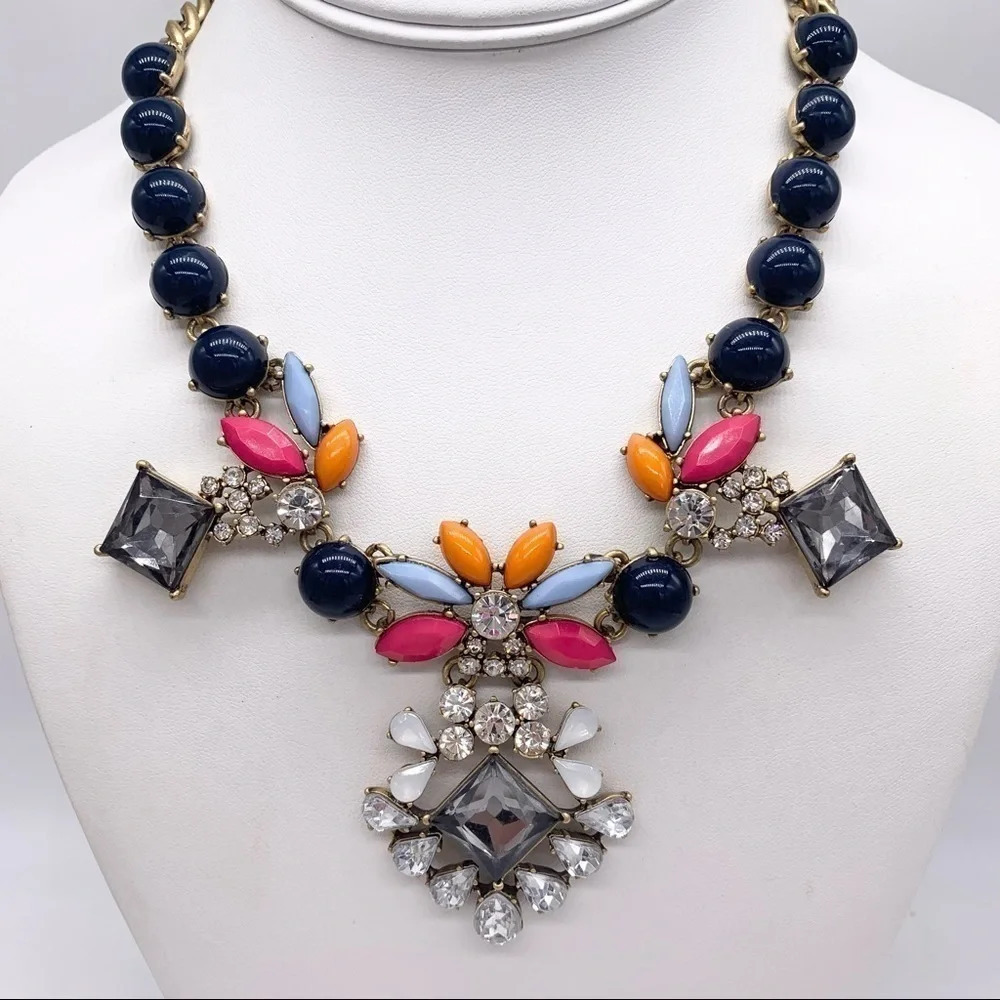 J. Crew Navy Pink Orange Jeweled Necklace